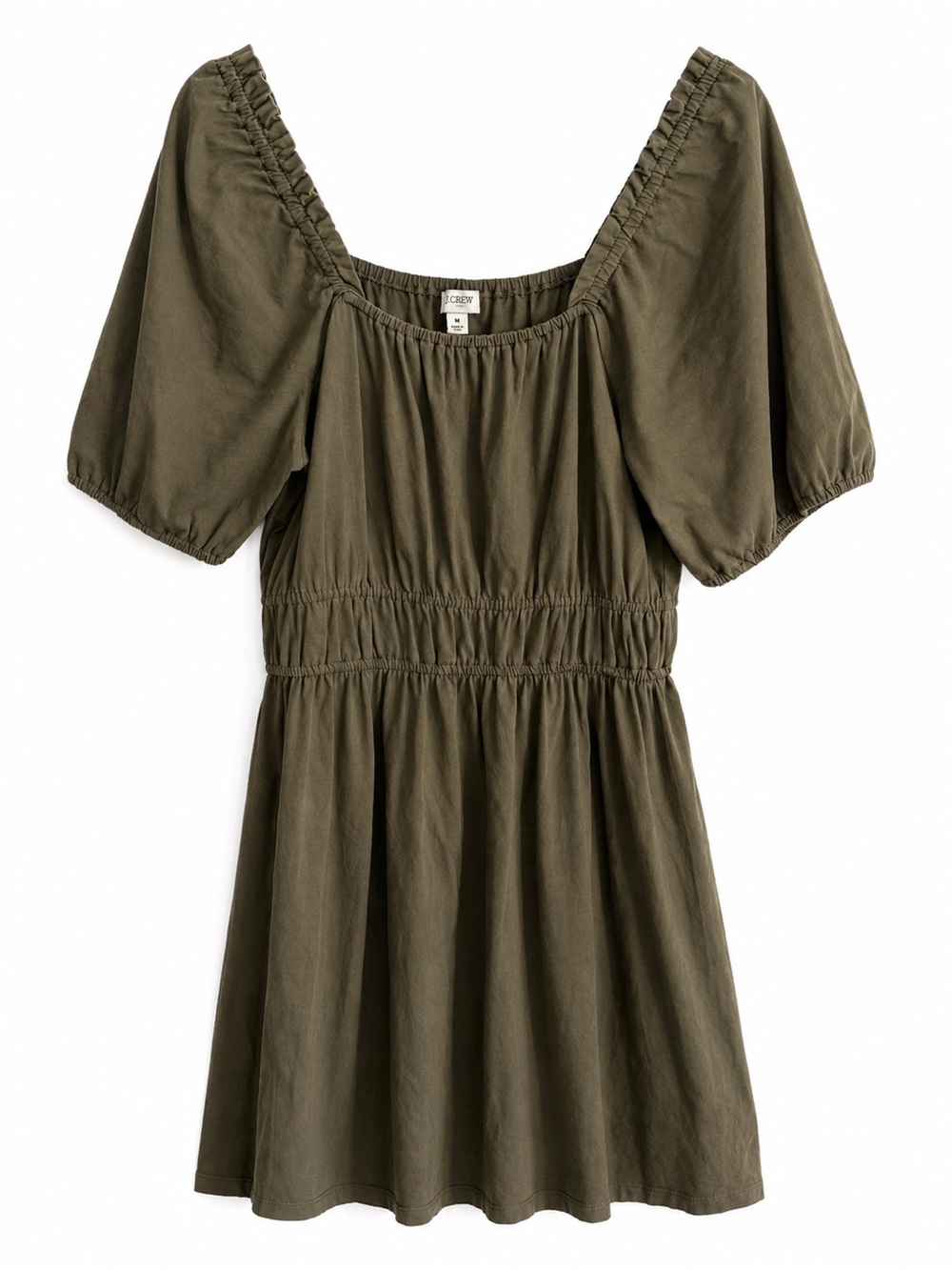 J. Crew Olive Puff-Sleeve Smocked Waist Mini Dress, Medium